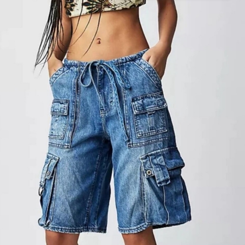 Free People Blue Denim Cargo Jean Shorts